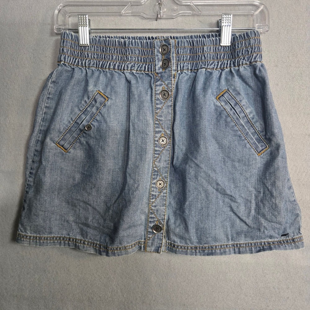 Volcom Denim Mini‎ Skirt Womens Small Light Wash Button Front Elastic Waist